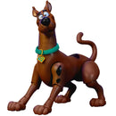 A toy figurine of Scooby-Doo in a crouching pose, featuring his classic brown and black spotted fur, a bright teal collar, and a yellow tag, isolated on a white background.