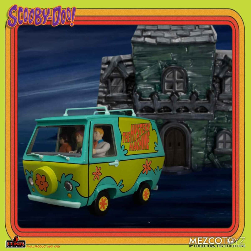 Scooby-Doo Friends and Foes Deluxe 5 Points Boxed Set - Mezco Toyz, Figures in Mystery Machine in front of diorama