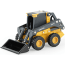 Toy skid steer loader with black and yellow colors on a white background
