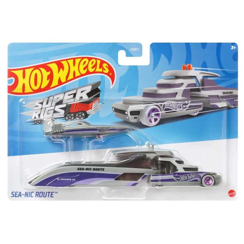 Hot Wheels 2023 Super Rigs (Mix 5) 1:64 Scale Die-cast Hauler and Vehicle Set, Sea-Nic Route (Purple)