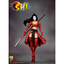 Action figure in red costume with spear, SHI logo above