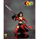 Action figure in red and black attire with a spear, on a gray background with 'SHI' logo.