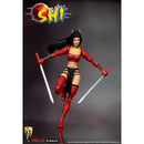 Action figure in red and black costume with swords, SHI logo above