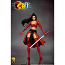 Action figure in red and black outfit with a sword, branded 'SHI'.