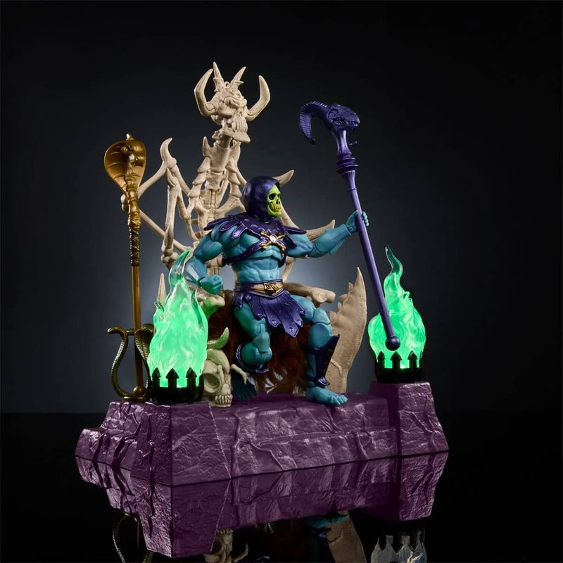 Skeletor and Havoc Throne Masters of the Universe Masterverse Action Figure Set, Skeletor sitting on throne with sconces illuminated green