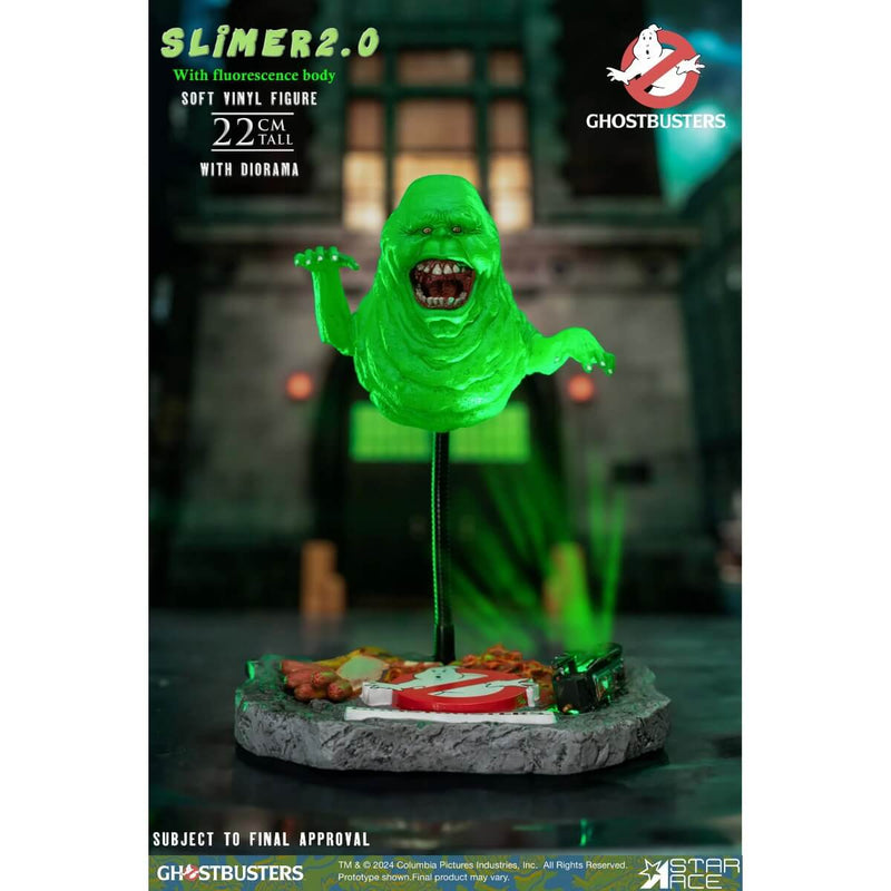 Slimer Ghostbusters 1/8 Scale Collectible Figure w/ Light-Up Ghost Trap - Star Ace, figure front with ad overlay