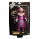 Action figure of a clown in a purple outfit with a pink collar, held in packaging.