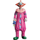 Colorful clown figurine with pink outfit and red hair on a white background