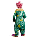 Colorful clown figurine with green suit and pink hair on a white background