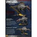 Spinosaurus model kit packaging with text and images of the dinosaur.