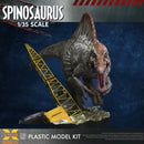 Spinosaurus model kit with crane on a blue background