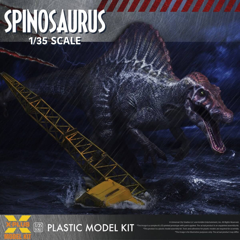 Spinosaurus model kit packaging with crane in a stormy ocean scene