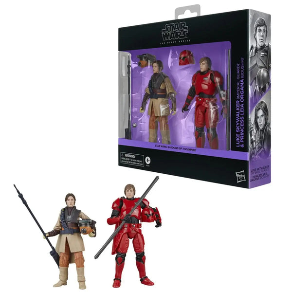 Two action figures in front of their packaging, featuring Star Wars branding.