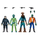 Four action figures with accessories on a white background