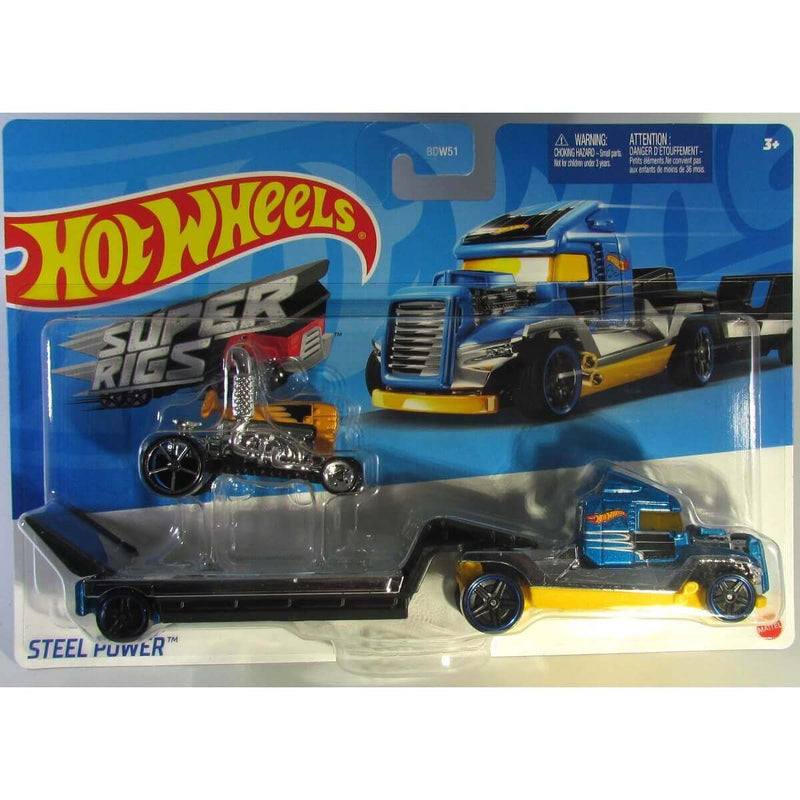 Steel Power, Hot Wheels 2023 Super Rigs (Mix 5) 1:64 Scale Die-cast Hauler and Vehicle Set
