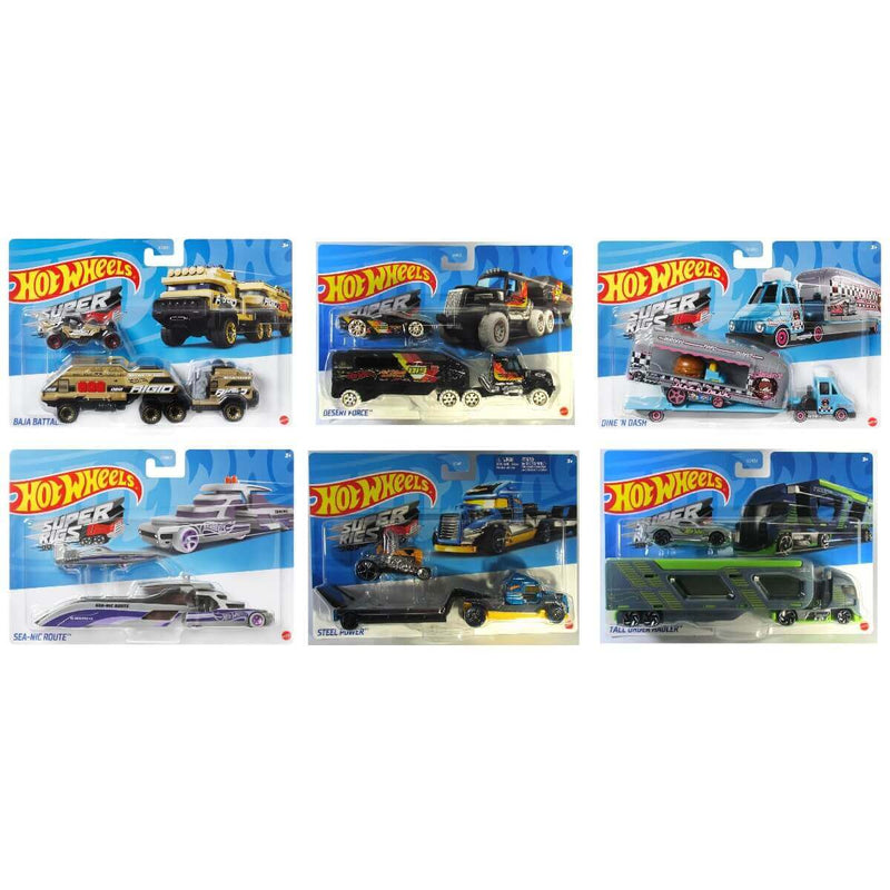 Hot Wheels 2023 Super Rigs (Mix 5) 1:64 Scale Die-cast Hauler and Vehicle Set, bundle of all 6
