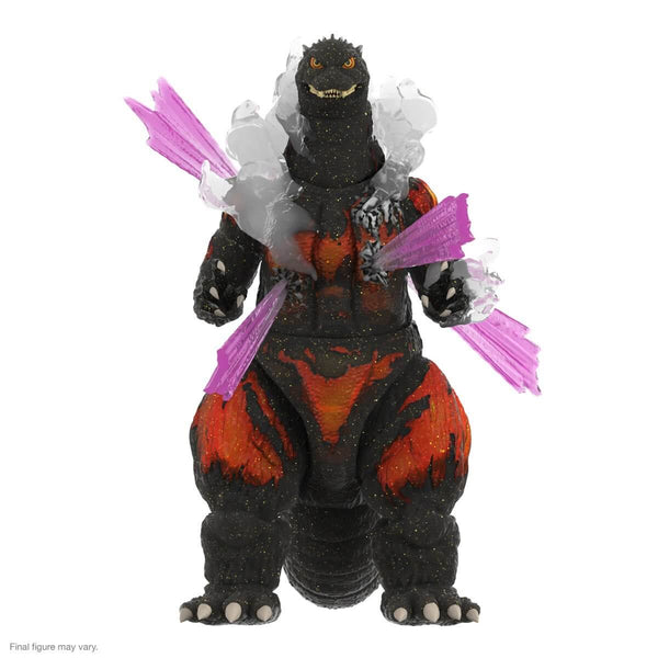 Godzilla figure with black, orange, and purple design on a white background