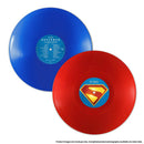Two vinyl records, one blue and one red, with Superman logo on a white background.
