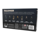 The back of a black box for the board game Halloween, featuring character illustrations and text for Michael Myers, Laurie Strode, Dr. Samuel Loomis, Annie Brackett, Sheriff Brackett, Lynnda Van der Klok, and Bob Simmons.