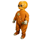Child wearing an orange alien costume with a white background