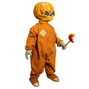 A Halloween costume featuring a pumpkin-headed figure in an orange jumpsuit with diamond-shaped patches, holding a small orange jack-o'-lantern mace, shown against a plain white background.