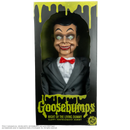 Goosebumps 'Night of the Living Dummy' Slappy Ventriloquist Dummy in its original window box packaging, featuring a black box with green dripping accents and the Goosebumps logo.