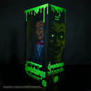 Goosebumps 'Night of the Living Dead' Slappy Puppet Head collectible figure in its original window box packaging, featuring a glowing green Slappy face on the box front and a visible puppet head inside.