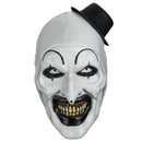 White clown mask with black top hat on a white background