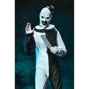 Terrifier Art the Clown Ultimate 7-Inch Scale NECA Action Figure waving with one hand and holding sharp object in the other hand