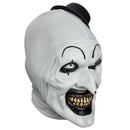 Halloween mask with white face, black hat, and detailed black makeup on a white background