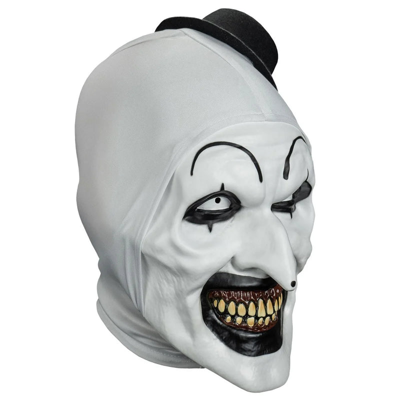 Halloween mask with white face, black hat, and detailed black makeup on a white background