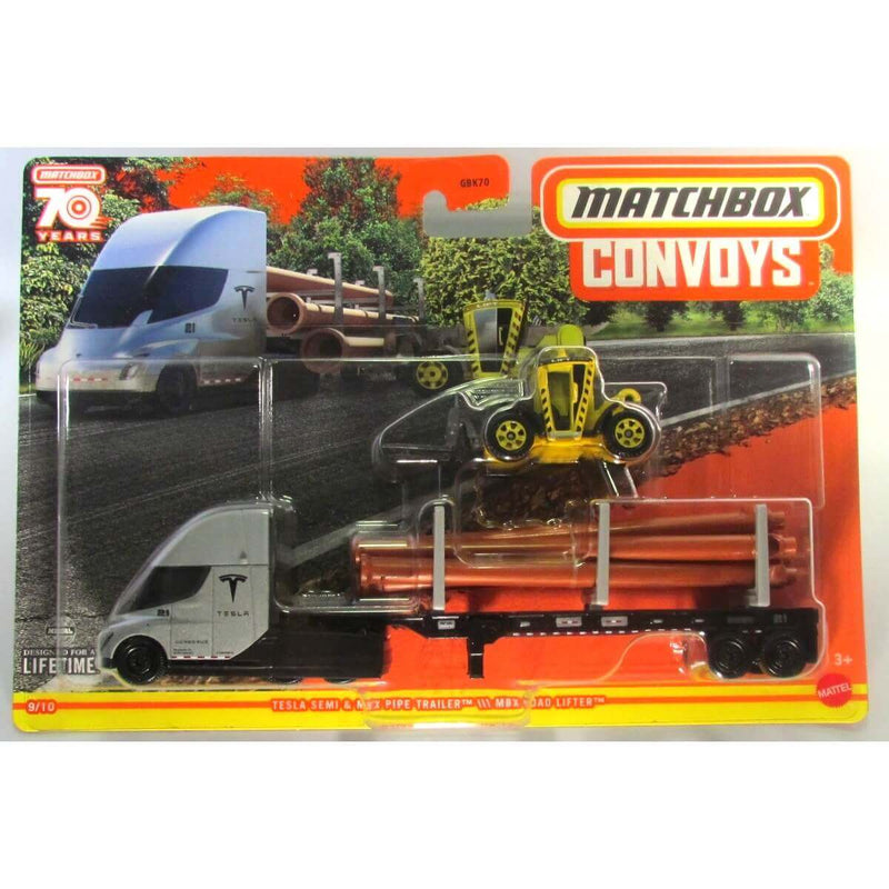 Matchbox 2023 Convoys Wave 1 1:64 Scale 7-Inch Diecast Rig with Vehicle, , Tesla Semi-MBX Pipe Trailer-MBX Load Lifter