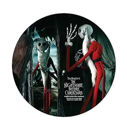 A circular collectible photo plate featuring characters from 'The Nightmare Before Christmas' with Sally and Jack Skellington, set against a plain white background.