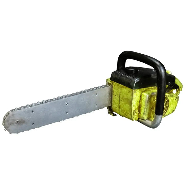 A chainsaw with a silver metal bar, a black handle, and a bright yellow-green engine housing, isolated on a white background.