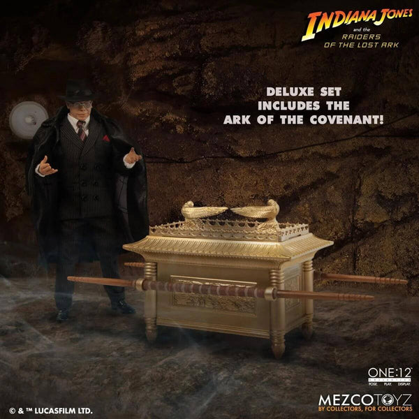 Mezco Toyz Major Toht and the Ark, Raiders of the Lost Ark One:12 Collective Deluxe Boxed Set, unpackaged, Toht standing next to Ark