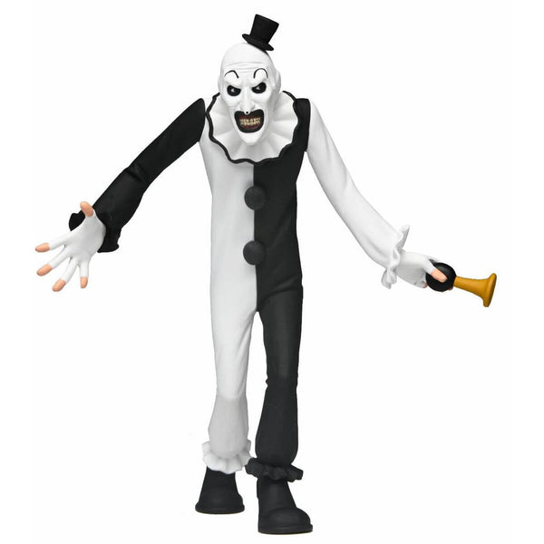 Terrifier Art the Clown Toony Terrors 6-Inch Scale Action Figure holding small horn in hand with white backdrop