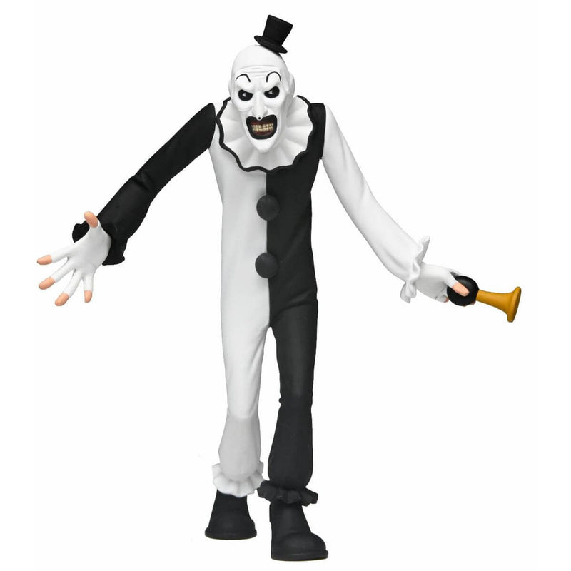 Terrifier Art the Clown Toony Terrors 6-Inch Scale Action Figure holding small horn in hand with white backdrop