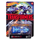 Hot Wheels Transformers toy package with blue and silver vehicle and robot figures on a colorful background.
