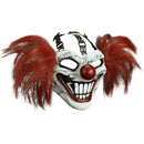 Scary clown mask with red hair and a red nose on a white background