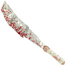 A plastic toy machete prop with a silver blade splattered with red fake blood, featuring a textured beige and brown wrapped handle, isolated on a white background.