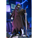 Uno TMNT Action figure in a dark, hooded outfit with a staff against a blue-lit background