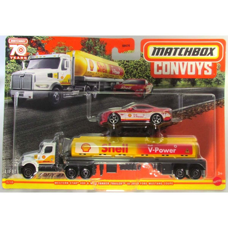 Matchbox 2023 Convoys Wave 1 1:64 Scale 7-Inch Diecast Rig with Vehicle, Western Star 49X - MBX Tanker Trailer - 2019 Ford Mustang Coupe