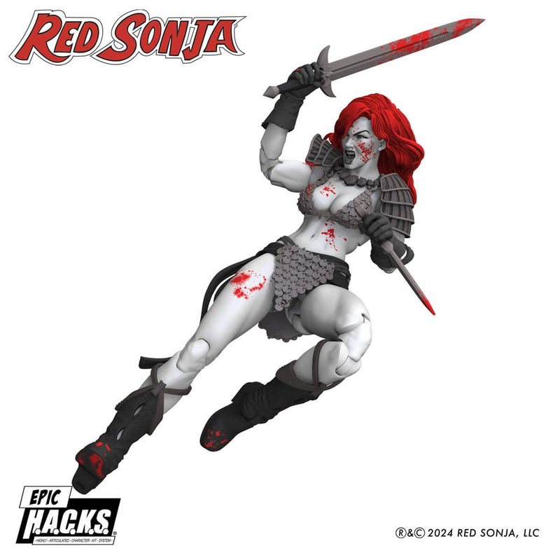 Red Sonja Black, White, and Red Epic H.A.C.K.S. 1:12 Scale Action Figure - Previews Exclusive, attack leap with sword and dagger