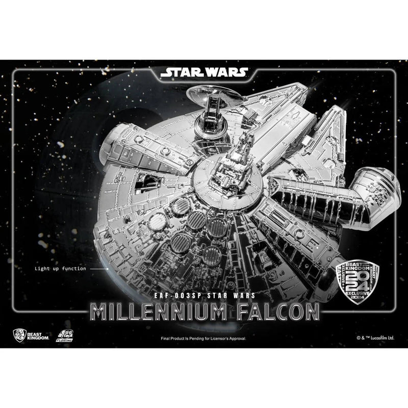 Millennium Falcon Metallic Floating Statue Star Wars: The Empire Strikes Back EAF-003SP, top view with ad overlay