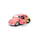 Pink toy car with a smiling face on a white background