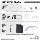 Collection of items from 'Sin City: Marv' including a handgun, cigarettes, and various props on a white background.