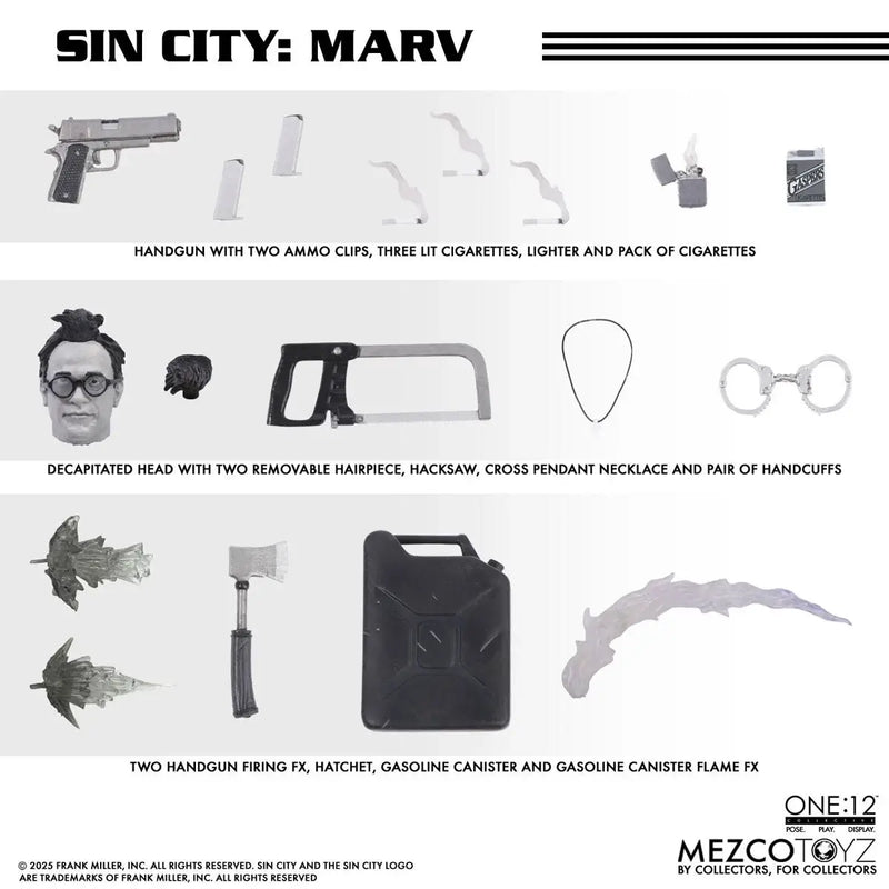Collection of items from 'Sin City: Marv' including a handgun, cigarettes, and various props on a white background.