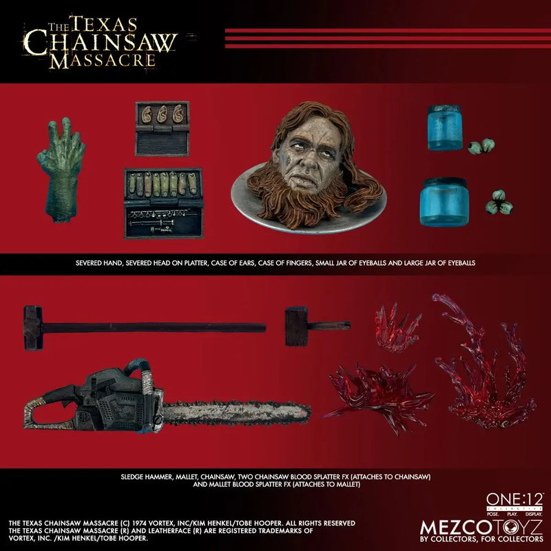Promotional image of 'The Texas Chainsaw Massacre' props and figures on a red background with Mezco Toyz branding.