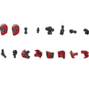 Set of small red and black action figure parts on a white background