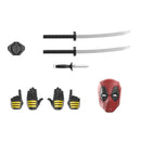 Deadpool mask, gloves, and swords on a white background